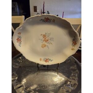 Vintage USA 12 X 9 Oval Serving Platter Pink Yellow Blue Flowers Gold Rim